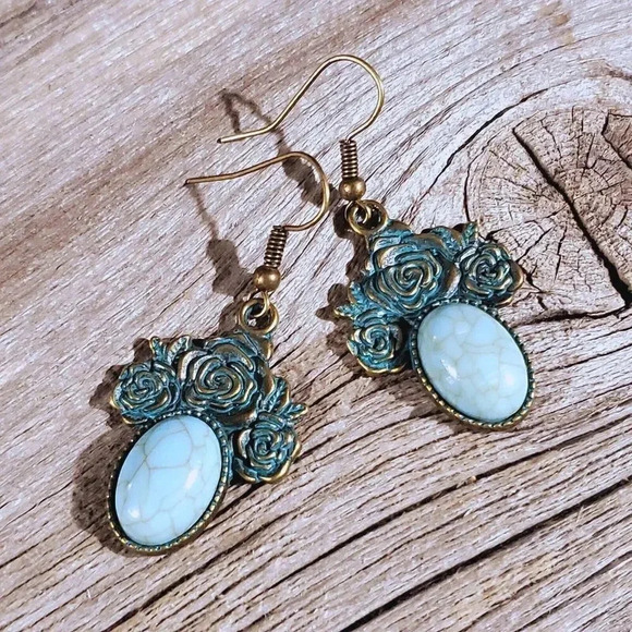 Bronze Rose Flowers Turquoise Blue Stone Dangle Earrings - Picture 1 of 8